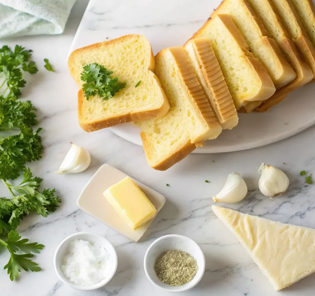 ingredients for Texas Toast Garlic Bread on a white marble surface. Slices of thick bread are stacked on a round board, surrounded by a stick of butter, whole garlic bulbs, a wedge of Parmesan cheese, parsley, and small bowls of salt and dried herbs.