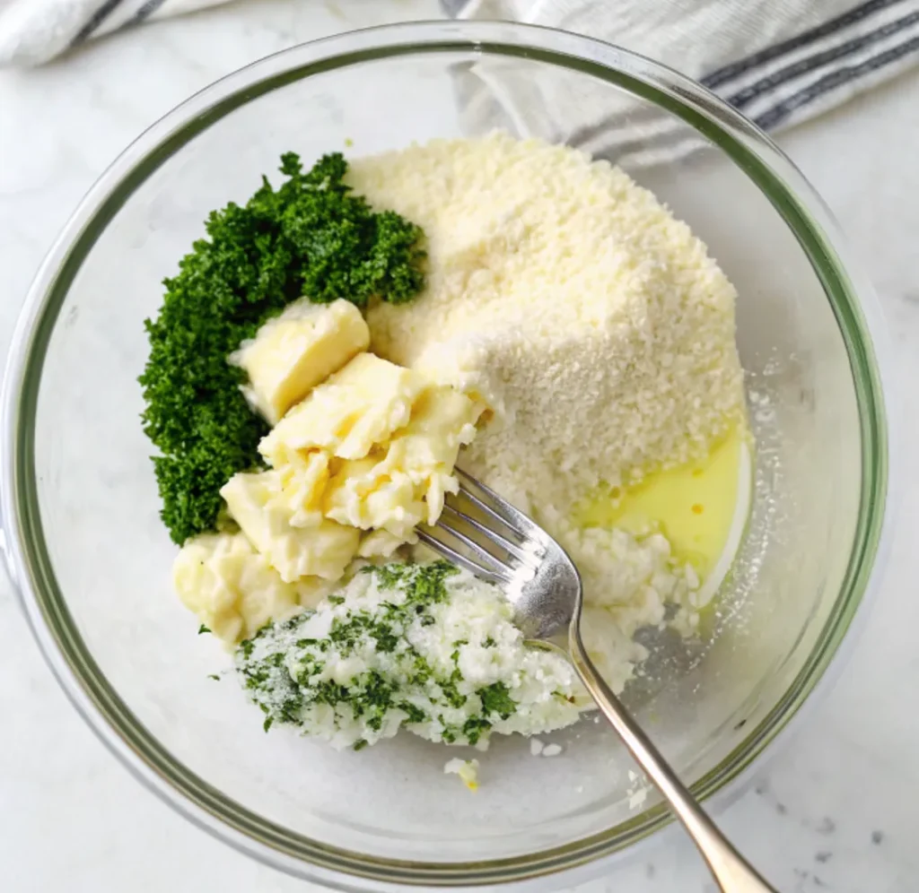 clear glass bowl containing the unmixed ingredients for Texas Toast Garlic Bread. A fork rests inside, next to pats of softened butter, a large pile of grated Parmesan cheese, minced garlic and herbs, and fresh chopped parsley, ready to be combined.