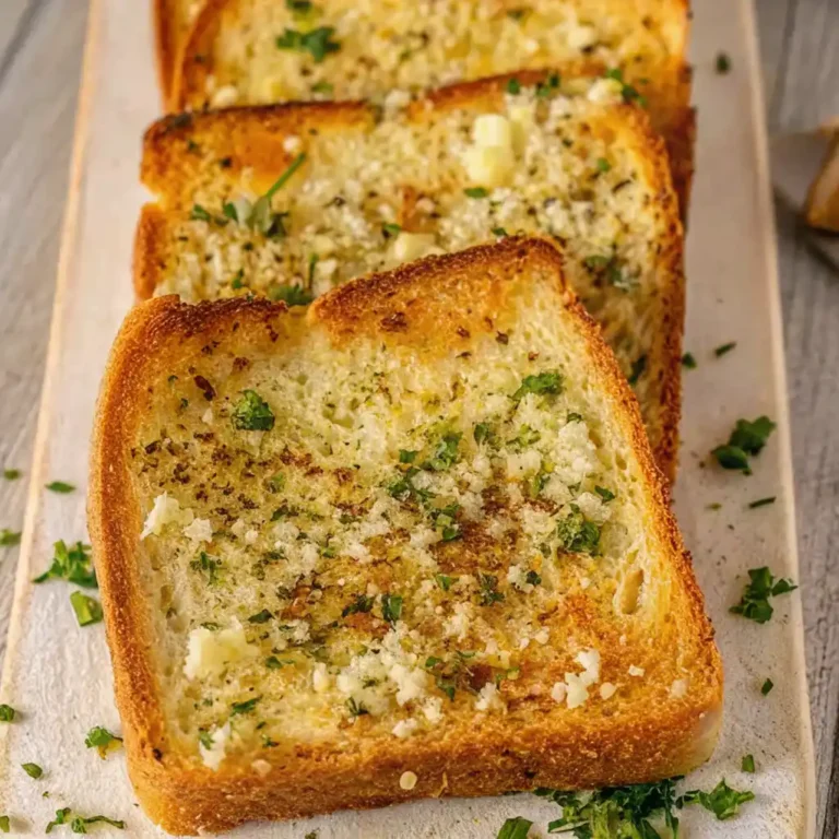 four thick slices of Texas Toast Garlic Bread resting on a white cutting board. The toast is golden-brown, generously topped with melted butter, minced garlic, parsley,