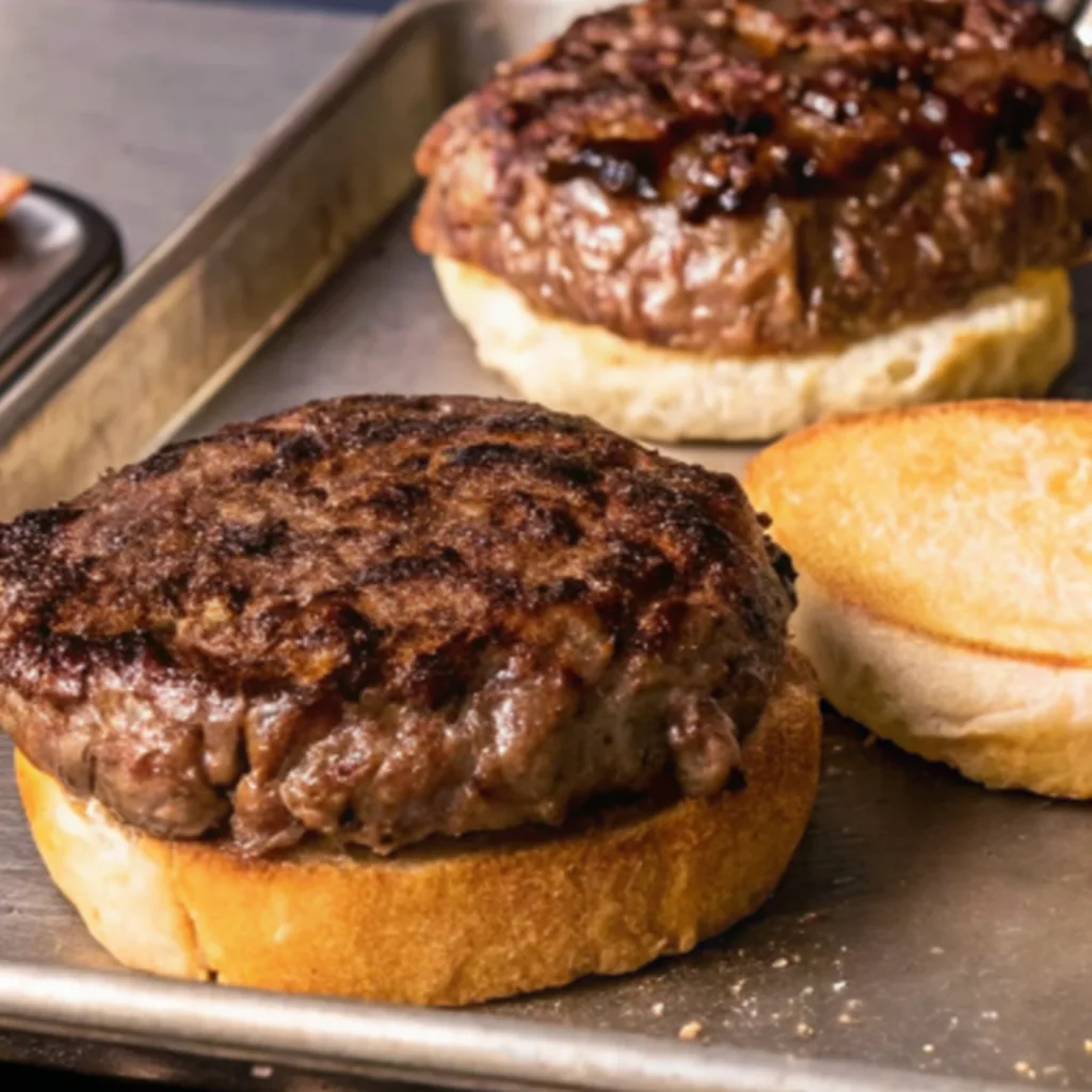 Two thick, perfectly seared Wagyu beef patties rest on toasted bottom burger buns on a metal sheet pan. The patties have a dark, caramelized crust, highlighting the rich, succulent texture of the high-quality meat.