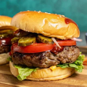 Wagyu Burger Recipe is presented on a toasted brioche bun. It features a thick beef patty, topped with crisp lettuce, sliced tomato, raw red onion, pickles, and a drizzle of dark sauce,
