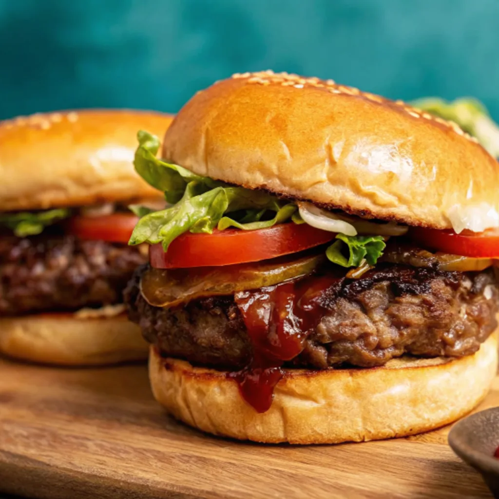 Wagyu Burger Recipe is presented on a toasted brioche bun. It features a thick beef patty, topped with crisp lettuce, sliced tomato, raw red onion, pickles, and a drizzle of dark sauce,