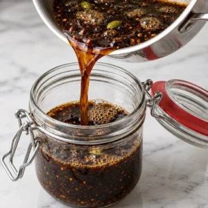 Warm homemade Worcestershire sauce pouring from a stainless steel saucepan into a glass jar