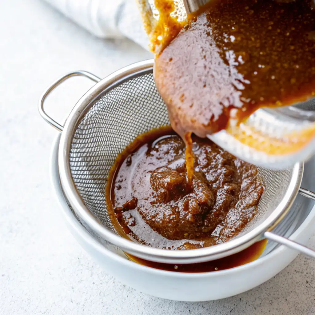 Homemade Worcestershire sauce is strained through a sieve to remove solid ingredients after boiling.