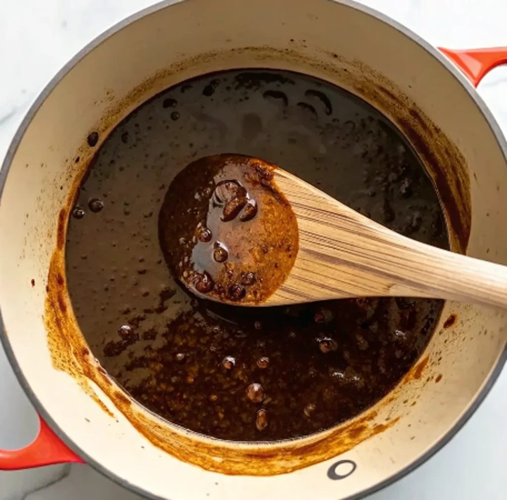 A wooden spoon rests in a red pot of dark, simmering Worcestershire sauce that is thick and chunky with spices and aromatic ingredients during the cooking process.