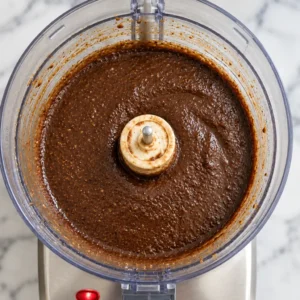 Combine the ingredients for the dark Worcestershire sauce and blend them into a smooth paste in the transparent bowl of a food processor.