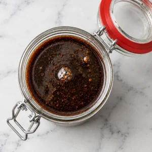 fresh homemade Worcestershire sauce stored inside an open glass jar with a red rubber seal on marble surface.