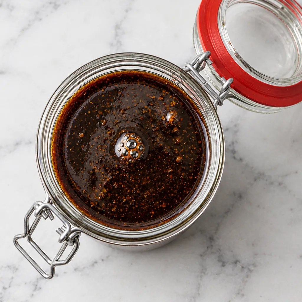 fresh homemade Worcestershire sauce stored inside an open glass jar with a red rubber seal on marble surface.
