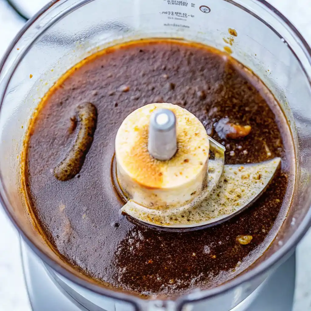 homemade Worcestershire sauce, sits in a food processor bowl before blending.