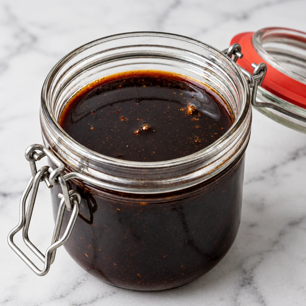 fresh homemade Worcestershire sauce stored inside an open glass jar with a red rubber seal on marble surface.
