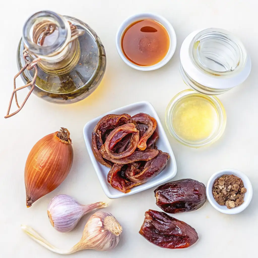 Worcestershire sauce ingredients including a shallot, garlic, vinegar in a bottle, and small bowls of dried dates tamarind, honey molasses, Anchovies and spices, set on a white surface.