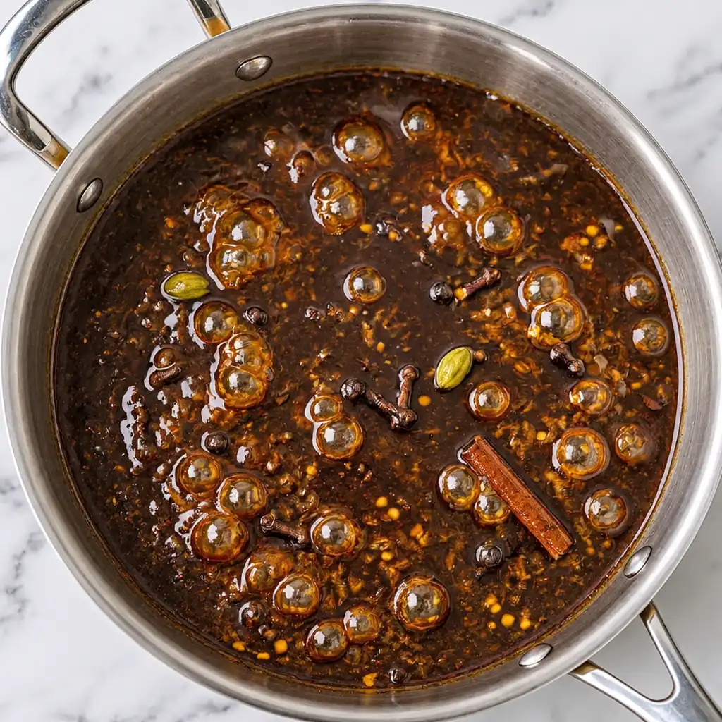 Homemade Worcestershire sauce simmering in a stainless steel pot with whole spices, cinnamon sticks, cloves, and cardamom pods.
