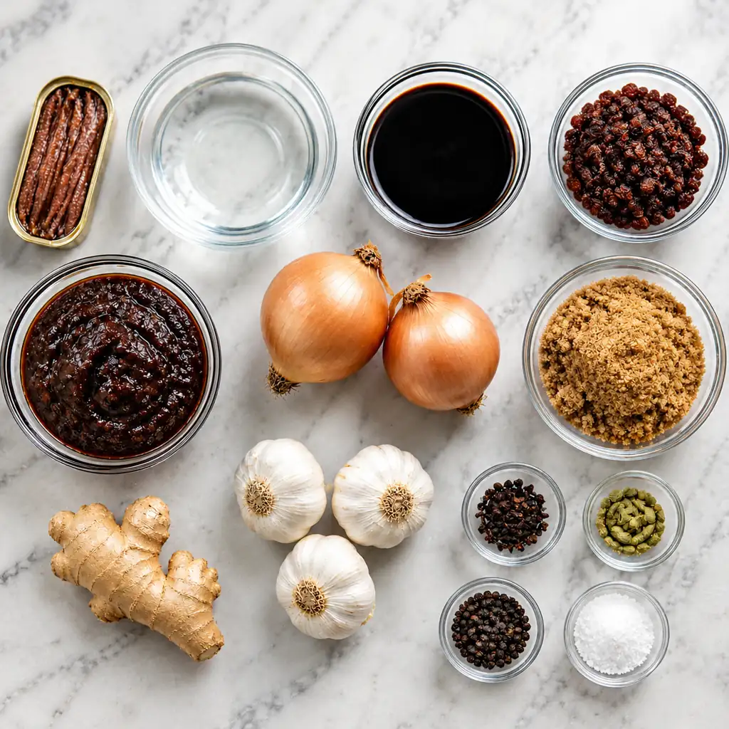 homemade Worcestershire sauce ingredients on a marble counter, including anchovies, vinegar, dark molasses, brown sugar, garlic, onions, fresh ginger root, raisins, and whole spices.