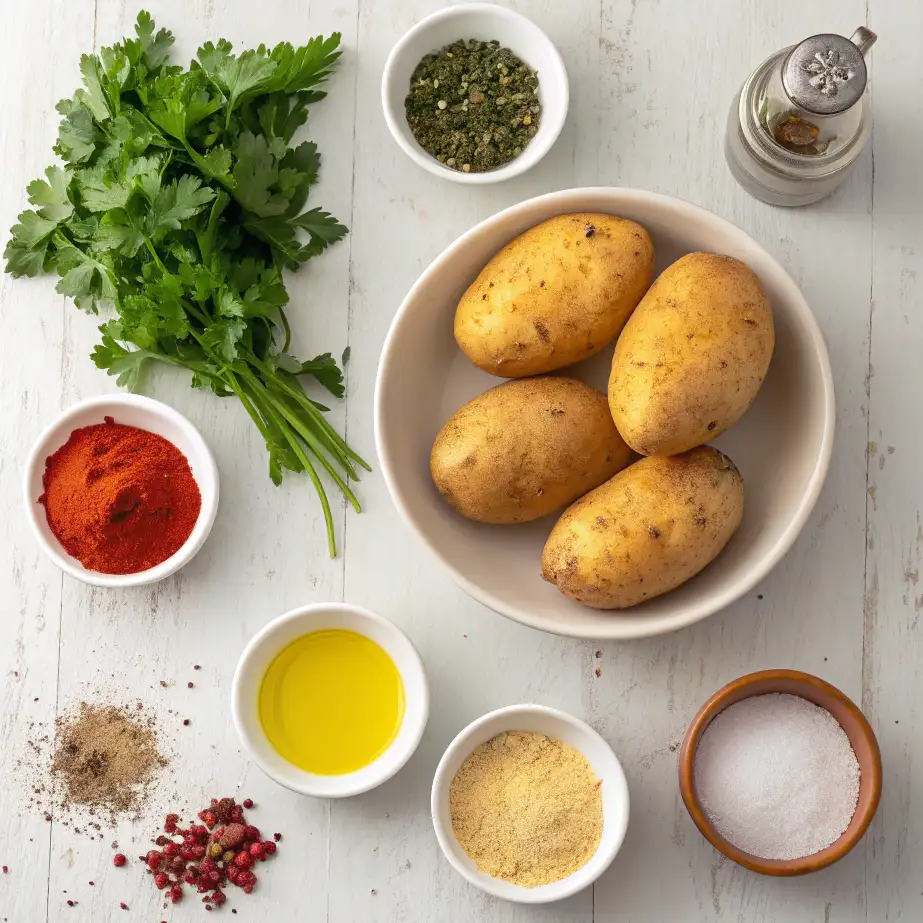 ingredients for some seriously good baked diced potatoes: potatoes, olive oil, salt, paprika, ground ginger, mixed herbs, black and pink peppercorns, and fresh parsley.