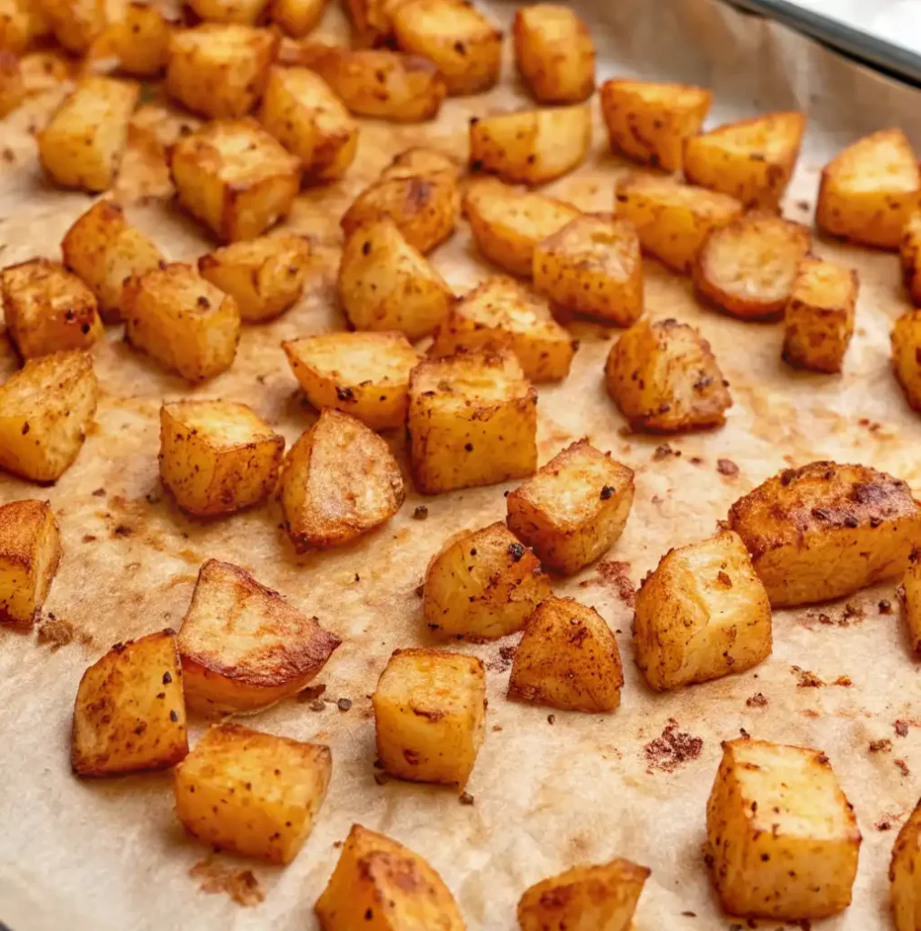 A glorious sheet pan of baked diced potatoes, golden brown and crispy, rests on parchment paper. Perfectly seasoned