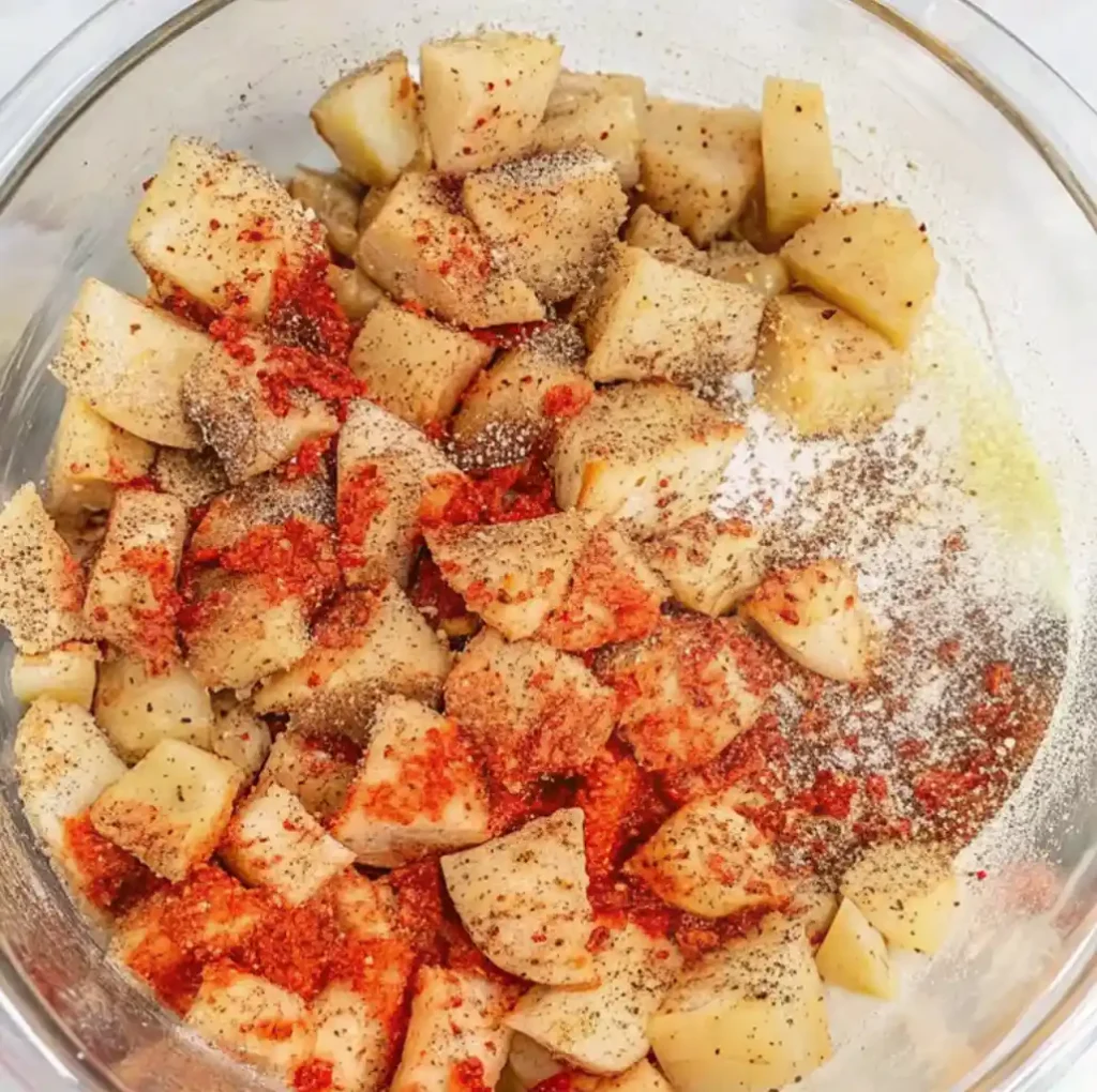 The diced potatoes A generous mix of olive oil, garlic powder, paprika, salt, and pepper, plus some oil, coats the raw cubes in a bowl.
