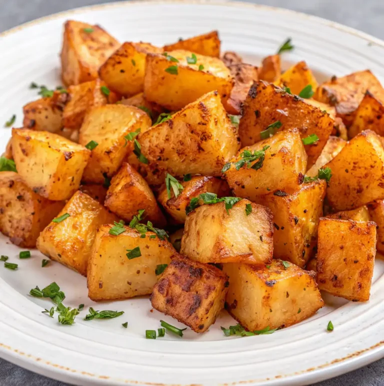 a white plate piled high with crispy, golden-brown baked diced potatoes. They are flecked with spices and garnished with fresh green parsley.