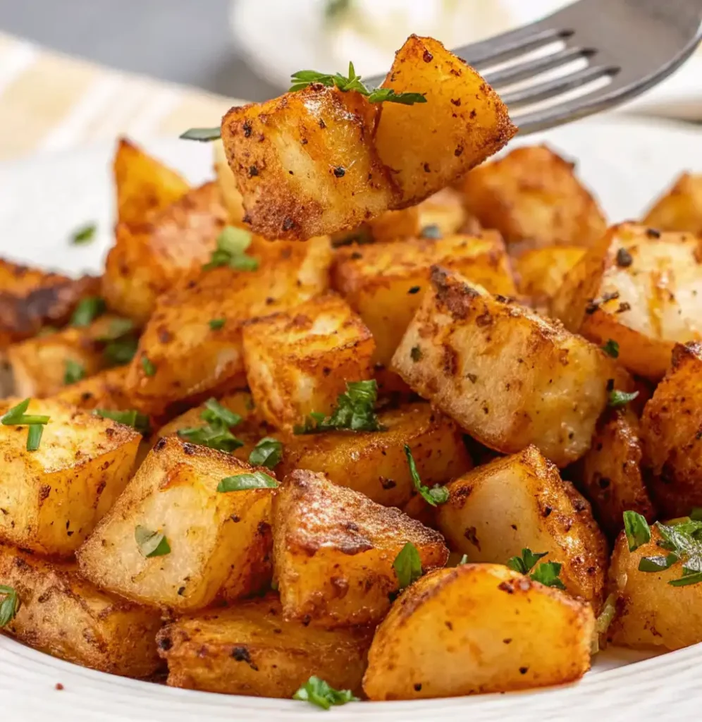 a white plate piled high with crispy, golden-brown baked diced potatoes. They are flecked with spices and garnished with fresh green parsley. A fork is lifting one perfect, fluffy cube for a bite.