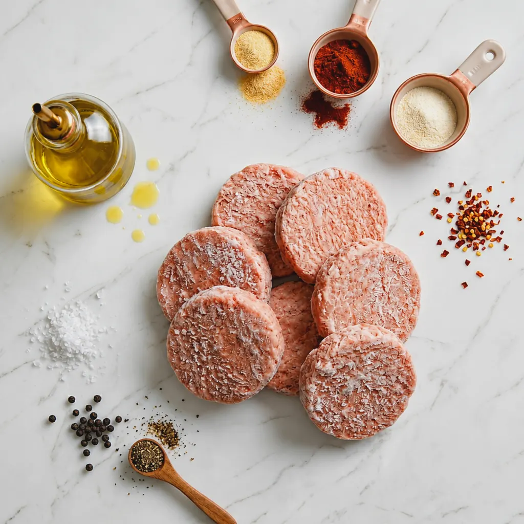 Ingredients of Frozen Turkey Burger in Air Fryer frozen turkey patties stacked together with cooking ingredients, including olive oil, garlic powder, paprika, salt, and crushed red pepper.