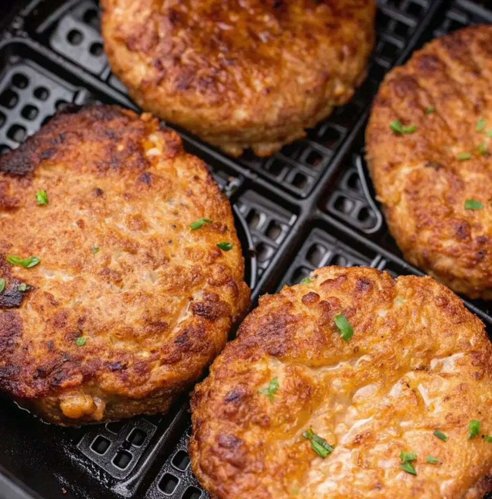 frozen turkey burger air fryer. Four juicy, golden-brown turkey burger patties seasoned with fresh herbs sit inside a black air fryer basket, perfectly cooked with a crisp exterior and tender, flavorful center.