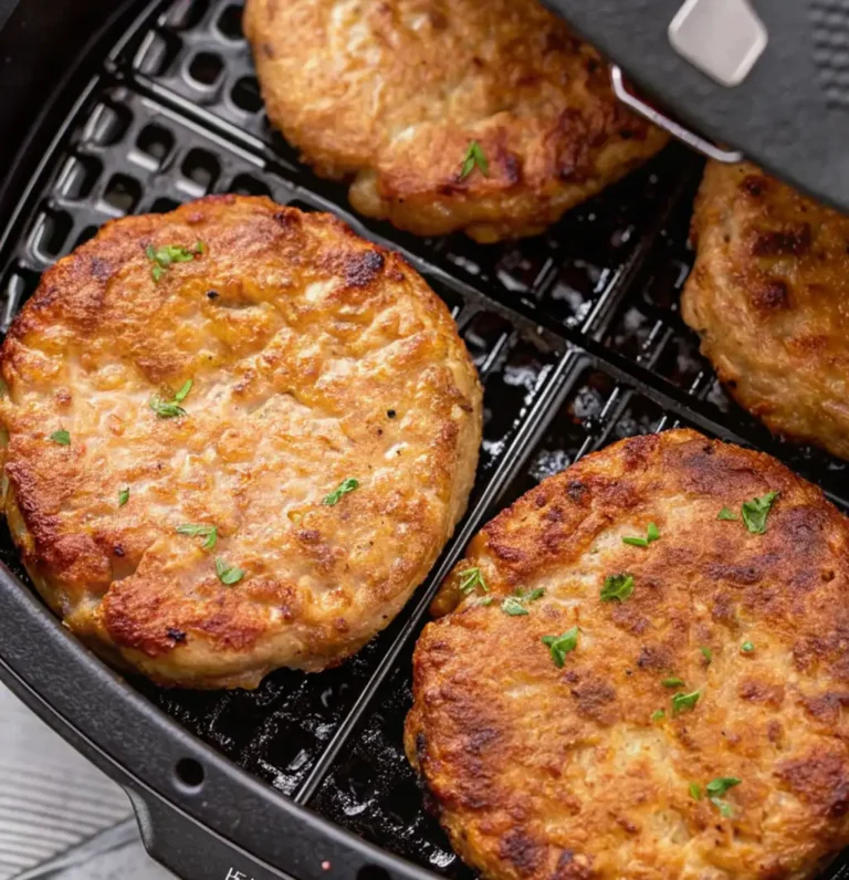 frozen turkey burger air fryer. Four juicy, golden-brown turkey burger patties seasoned with fresh herbs sit inside a black air fryer basket, perfectly cooked with a crisp exterior and tender, flavorful center.
