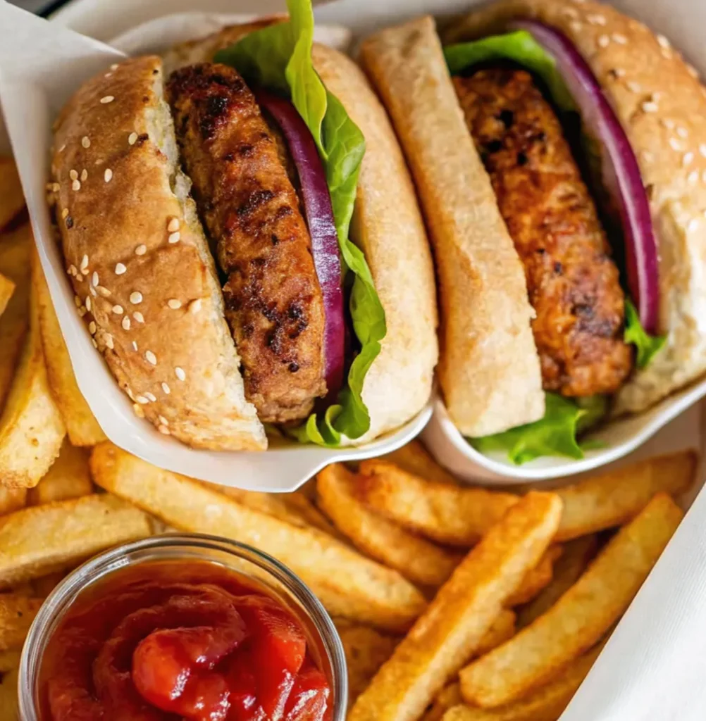 Two served turkey burgers on sesame buns with fresh lettuce and red onion, accompanied by a side of crispy golden fries and a small glass bowl of bright red ketchup.