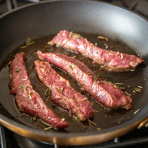 Four slices of lamb tenderloin are fried in a hot pan with oil. The meat browns on the bottom while remaining raw on top, and is sprinkled with fresh rosemary needles.