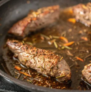 Close-up of lamb tenderloins fully browned and caramelized in a skillet. The meat is coated in a savory herb crust with visible sprigs of toasted rosemary and rendered pan juices.