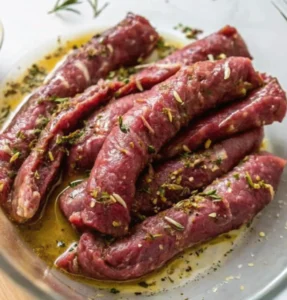 Raw lamb tenderloin strips marinating in a glass bowl with olive oil, minced garlic, and fresh herbs.