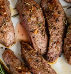 Cooked lamb tenderloins rest on a white platter, revealing a succulent herb-flecked exterior and light juices, with visible rosemary sprigs and bits of garlic adding a rustic finish.