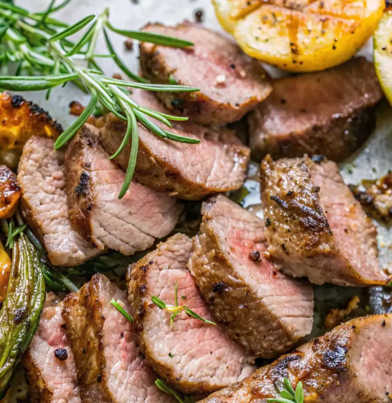 Slices of medium-rare lamb tenderloin are beautifully arranged with charred lemon halves and fresh rosemary. The meat shows a pink, tender center and a perfectly seared, seasoned outer crust.