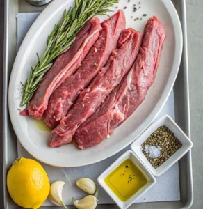 Raw lamb tenderloins on a white platter, garnished with fresh rosemary. Accompanying ingredients include a lemon, garlic cloves, olive oil, and a small dish of salt and peppercorns.