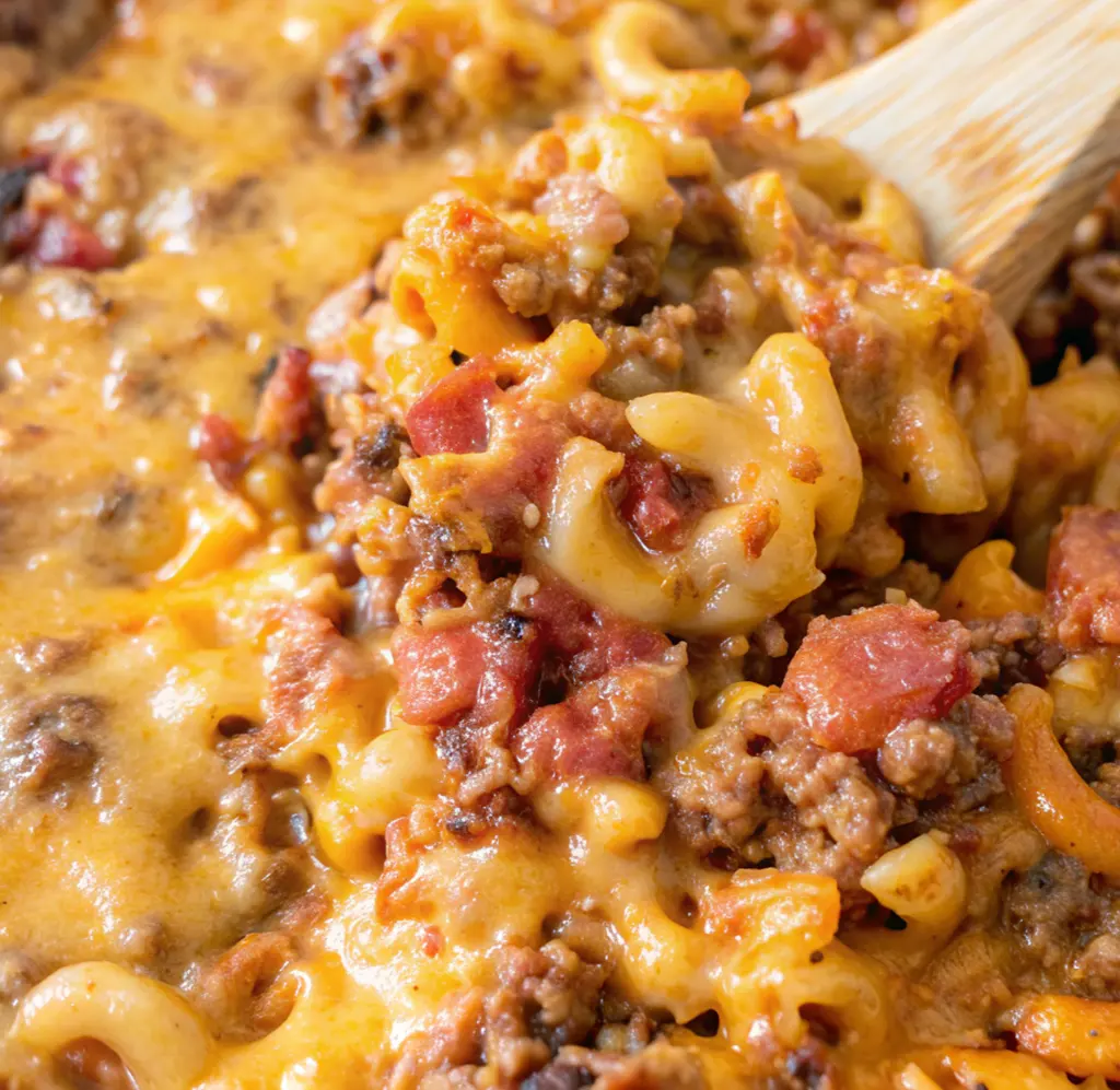 cheesy bacon cheeseburger casserole featuring elbow macaroni, savory ground beef, and crispy bacon bits smothered in a rich, melted cheddar cheese sauce and diced tomatoes.