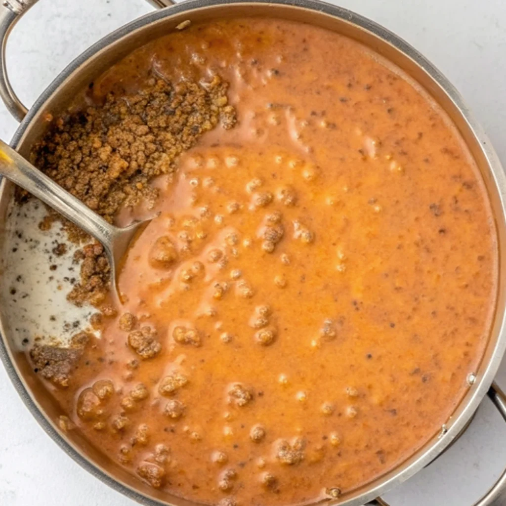 A steel pan containing minced and roasted beef mixed with cream cheese sauce and gravy.