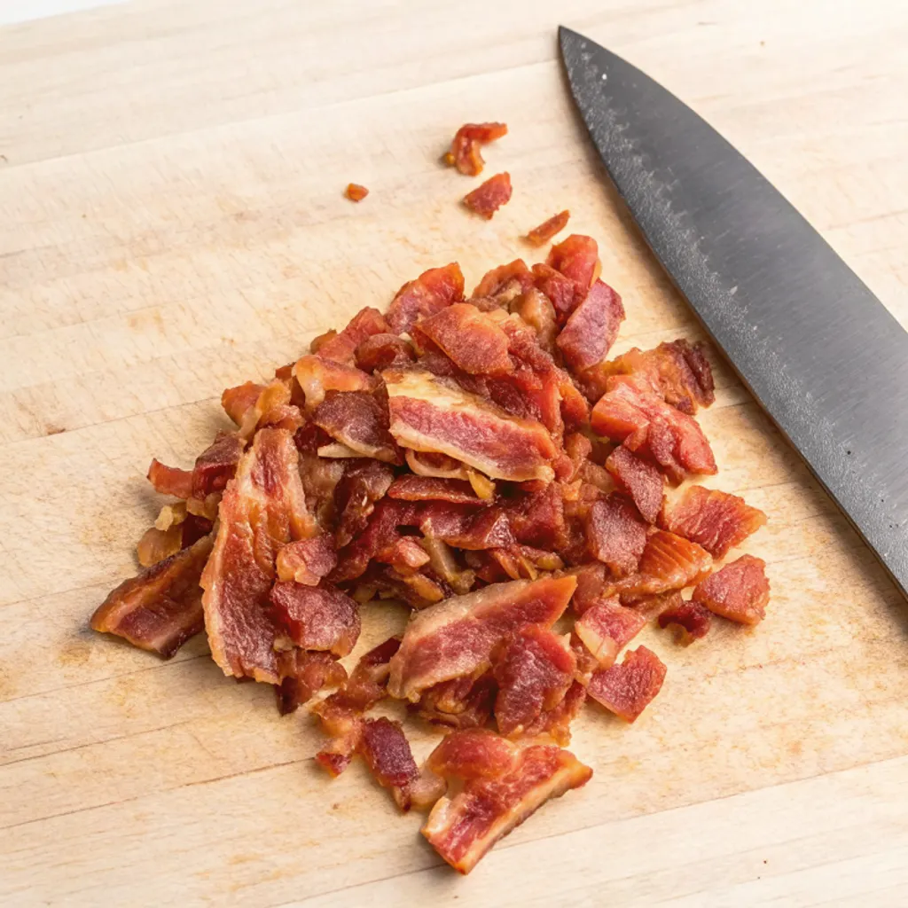 A pile of crispy, chopped cooked bacon sits on a light wooden cutting board next to the edge of a black chef's knife, ready to be used as a topping.