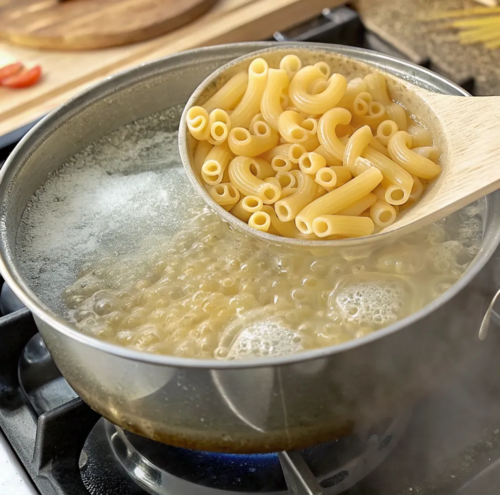 A wooden spoon lifts cooked pasta from a steel pot filled with boiling water on a gas stove.