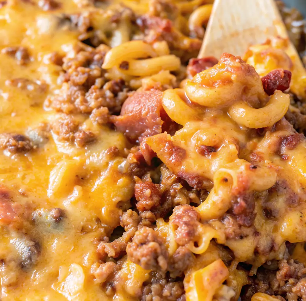 cheesy bacon cheeseburger casserole featuring elbow macaroni, savory ground beef, and crispy bacon bits smothered in a rich, melted cheddar cheese sauce and diced tomatoes.