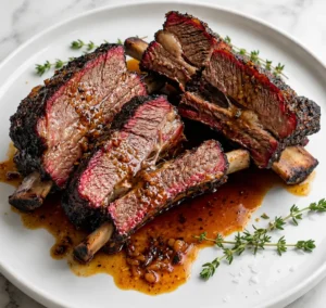 Tender, smoked beef plate ribs sliced open to reveal a rich pink smoke ring, drizzled with savory pan sauce and garnished with fresh thyme on a white plate.