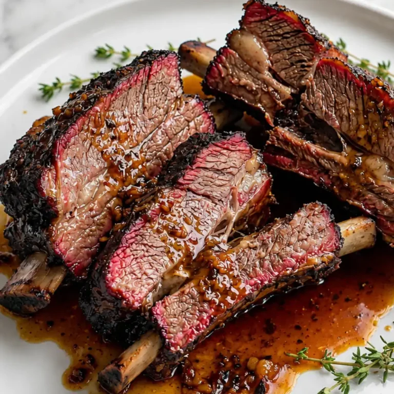 Tender, smoked beef plate ribs sliced open to reveal a rich pink smoke ring, drizzled with savory pan sauce and garnished with fresh thyme on a white plate.