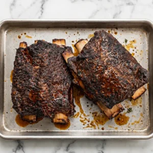Two smoked beef plate ribs featuring a rich, dark seasoned crust and exposed bones, resting on a rimmed metal baking sheet placed on a white marble surface.