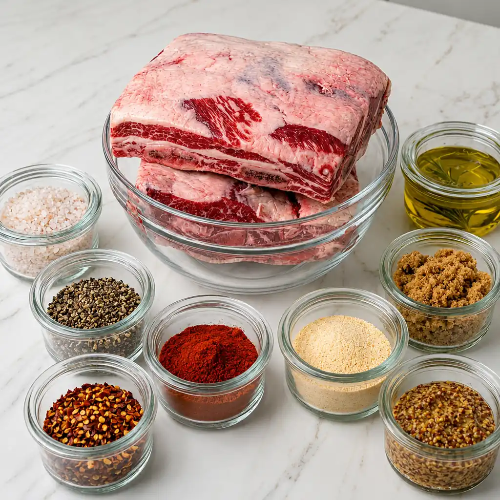 Thick slabs of raw beef plate ribs in a glass bowl surrounded by small jars of rub ingredients, including salt, spices, brown sugar, mustard, and oil.