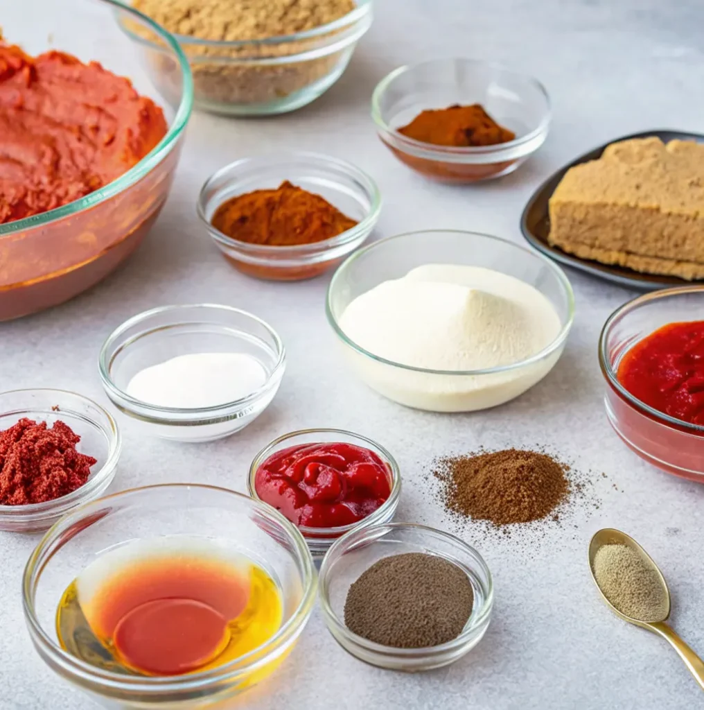 Various small glass bowls and a spoon hold colorful spices, pastes, and liquids, including paprika, tomato paste, oil, and powders, neatly arranged on a light grey textured countertop.