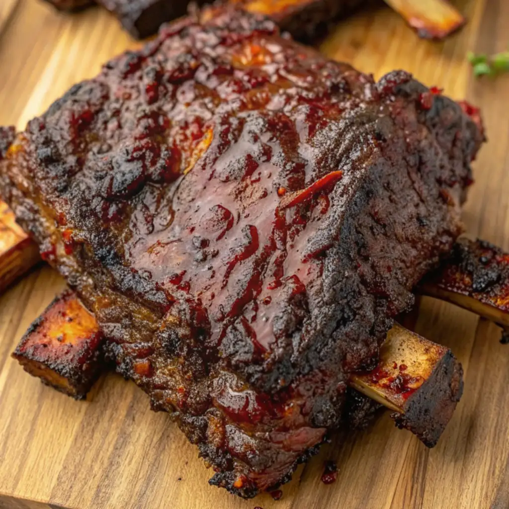 A thick slab of slow-roasted beef plate ribs sits on a wooden board, featuring a dark, caramelized glaze and prominent bones protruding from the tender, succulent meat.