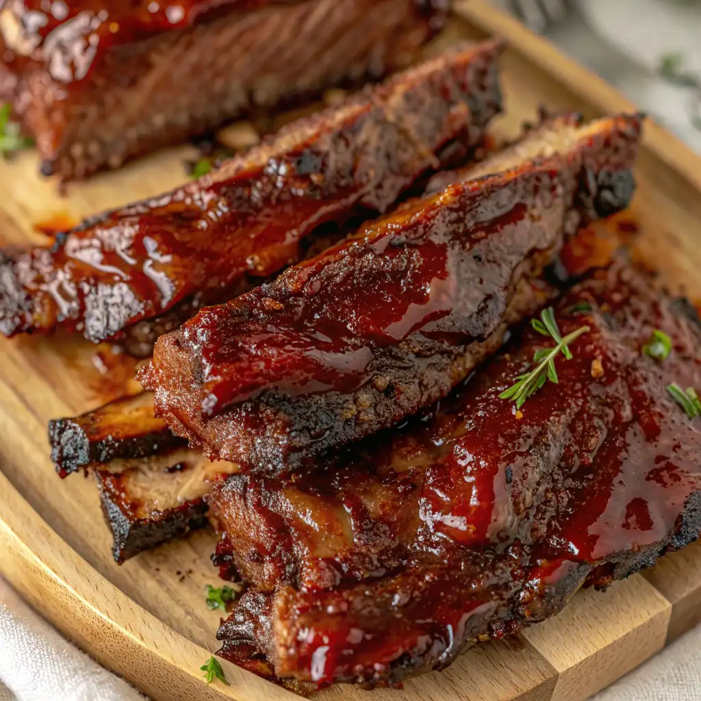 Multiple slices of glazed beef plate ribs are stacked on a wooden platter, showcasing a glossy, deep-red sauce and tender meat garnished with fresh green herbs.