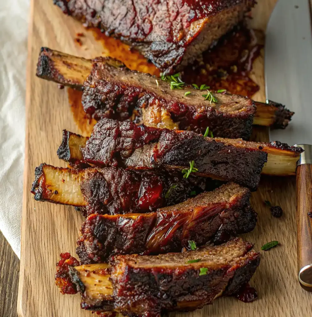 Individually sliced beef plate ribs are arranged on a wooden cutting board next to a knife, displaying the prominent bones and juicy meat under a rich, sticky glaze.