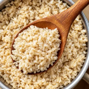 A close-up view of cooked, fluffy brown rice instant pot, with a wooden spoon stirring the grains.