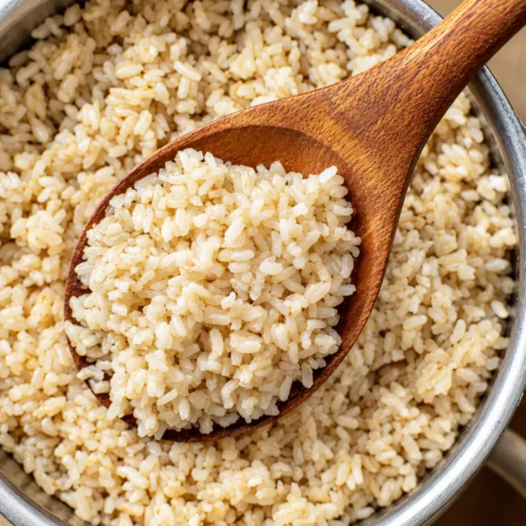 A close-up view of cooked, fluffy brown rice instant pot, with a wooden spoon stirring the grains.