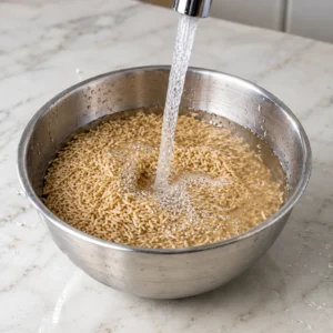 Raw brown rice placed in a large stainless-steel bowl is rinsed under running water from a metal faucet mounted on a white marble countertop.