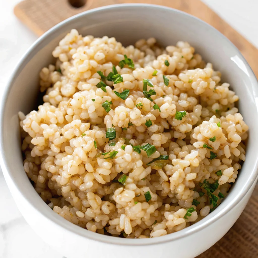 A white bowl filled with cooked Brown rice instant pot is garnished with freshly chopped green herbs, presenting a nutritious and appetizing side dish ready to be enjoyed.