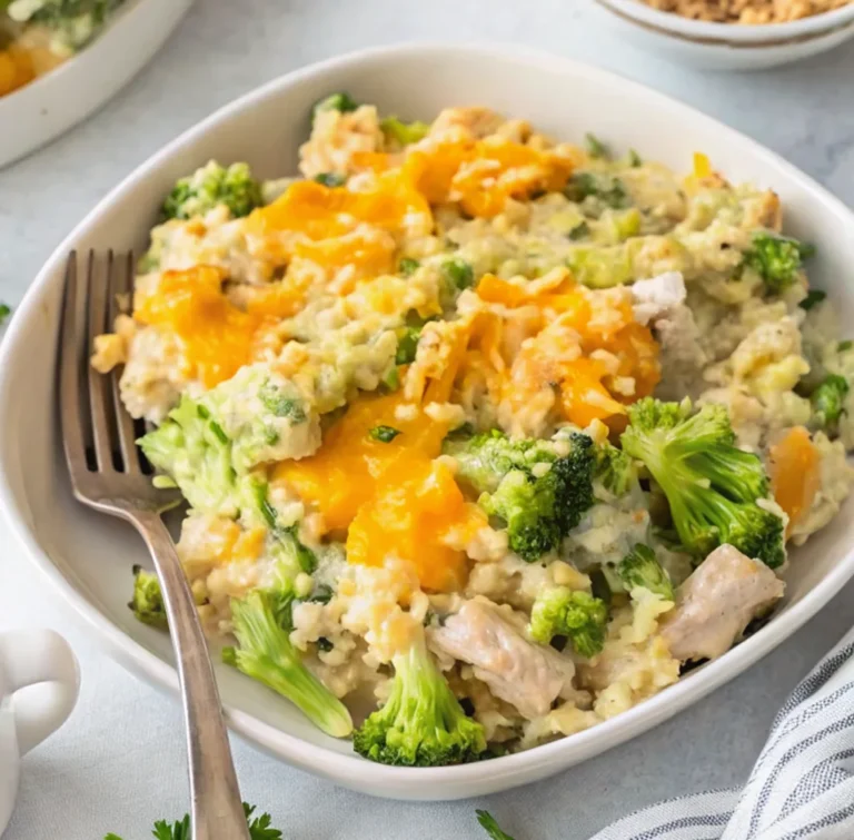 easy chicken broccoli rice casserole in a white bowl. The dish features tender chicken chunks, bright green broccoli florets, and creamy rice topped with melted cheddar.